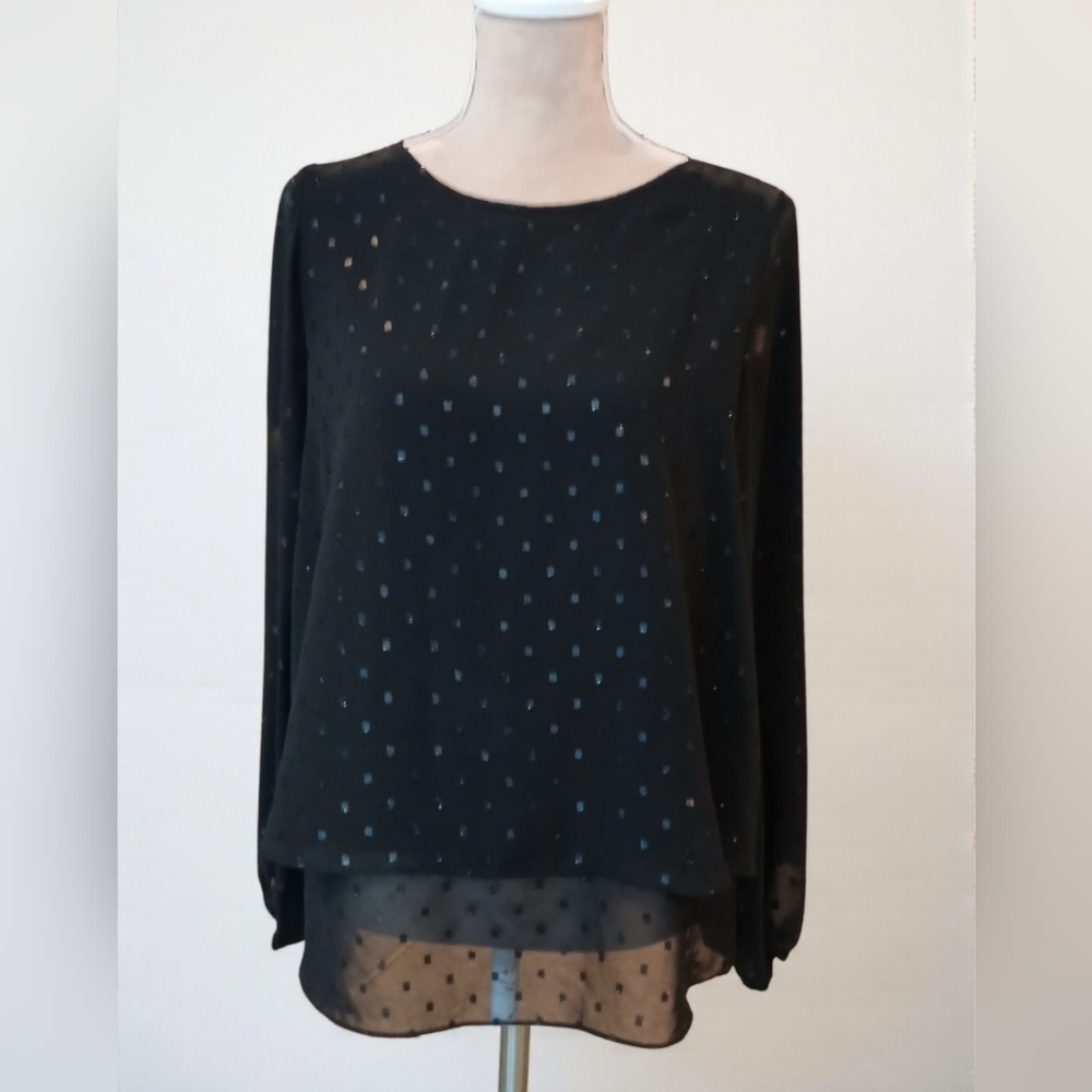 Apt 9 Layered Drape Black Blouse Medium Modest Whimsygoth Fairy Shimmer Formal